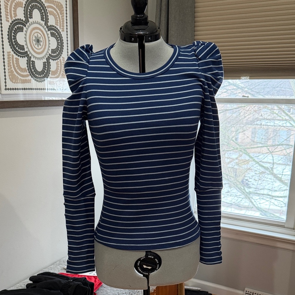Maeve Striped Women's Top with Puff Sleeves and button details